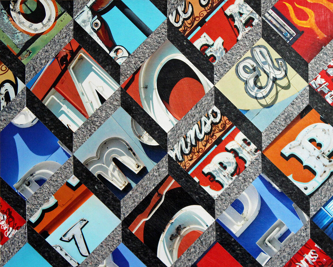 Tumbling Signs. (Hand cut and assembled photo collage)