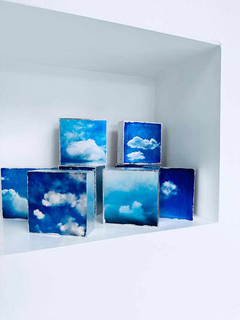 4" x 4" cloud images on wood supports will silver-leafed sides