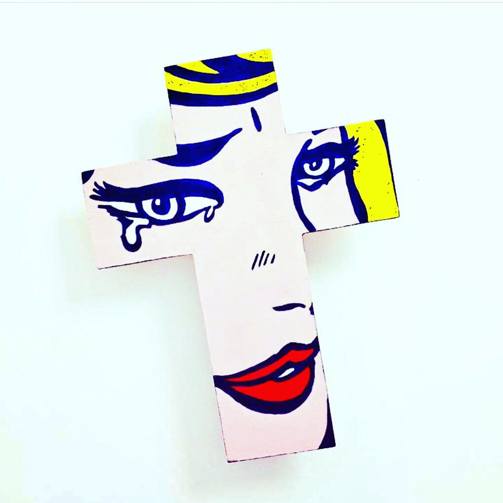 Lichtenstein style cross, acrylic paint on wood