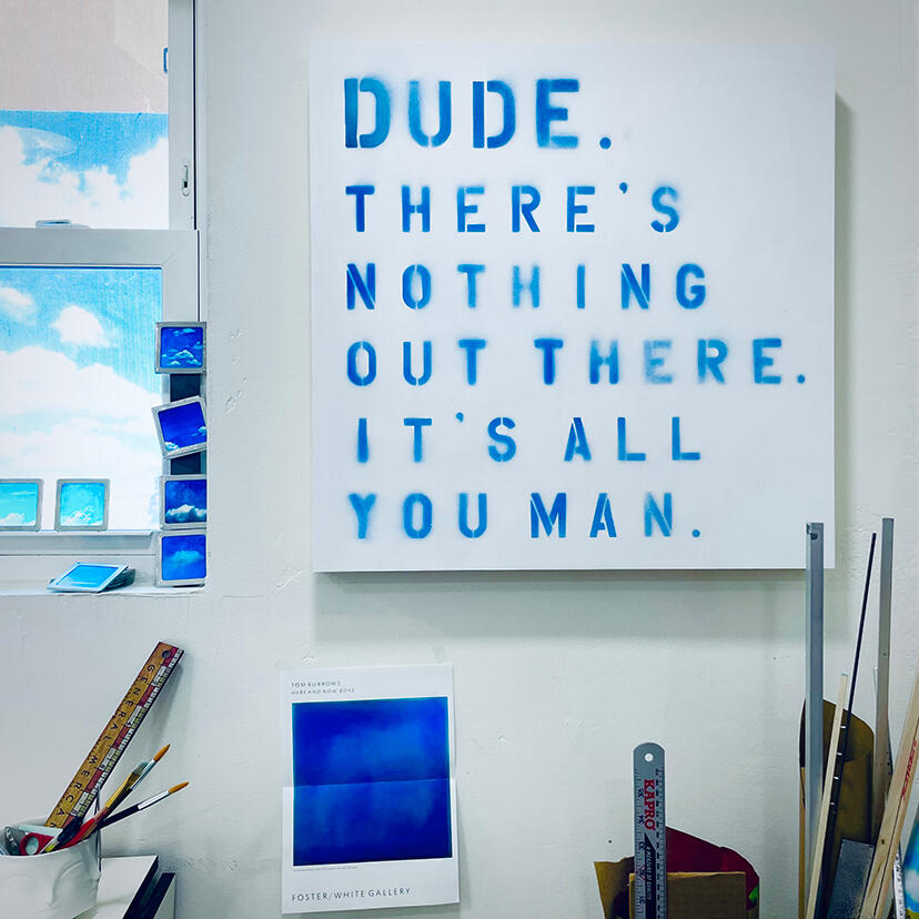 Dude. Spray paint, acrylics on wood. 24" x 24"