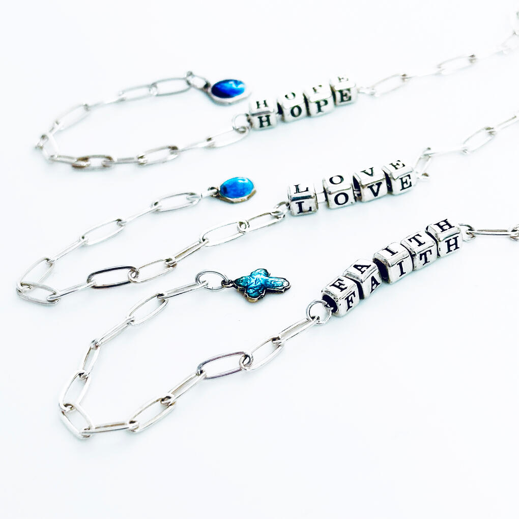 Hope, Love, Faith Sterling Silver Bracelets with Vintage Medals